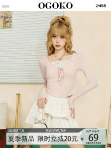 Pink Short Sleeveless T-Shirt Womens Early Spring Autumn Slimming Long Sleeve Fake Two-Piece Sweet And Spicy Short Size Shoulder Top