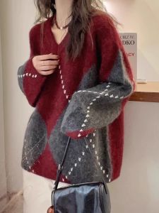 Soft Cozy Color Block Diamond Pattern Woolen Knitted Sweater Autumn Winter Women Loose Fit Comfortable Soft Top Korean Style
