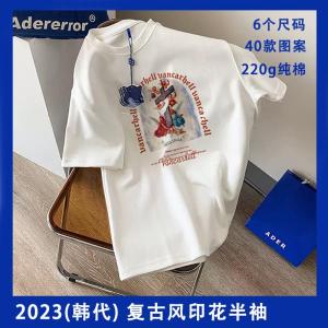 2023 ยอดนิยมเกาหลี INS การ์ตูนพิมพ์แขนสั้นผ้าฝ้ายเสื้อยืดสีขาวสําหรับผู้หญิงหลวม Fit ฤดูร้อน Crewneck TOP