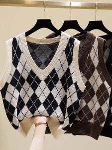 เสื้อกั๊กสเวตเตอร์แขนกุดคอวีสไตล์ย้อนยุคสำหรับผู้หญิงในฤดูใบไม้ร่วงและฤดูหนาว กางเกงขายาวทรงหลวมๆ สไตล์ใหม่ปี 2025