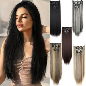 24 Inchs 16 Clips in Hair Extensions Long Straight Hairstyle Synthetic Blonde Black Hairpieces Heat Resistant False Hair