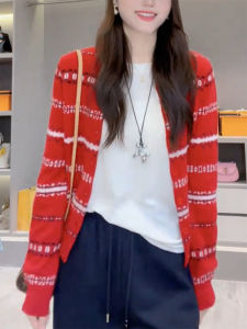 QINGNAER | Plus Size Red Jacquard Long Sleeve Knitted Cardigan