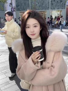 Pink Double-Faced Woolen Coat Womens Fall Winter Fox Fur Collar Cashmere Jacket Moonlight Initial Snow Commute Style Korean Version
