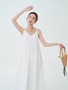 Design Sense Loose V-neck White Spaghetti Strap Large Skirt Flared Backless Summer Dress
