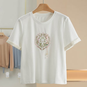 Blue Chinese Embroidery Simple Chain Sleeveless T-shirt Cotton Nylon Blend Summer Casual round Neck Regular Fit Womens Top