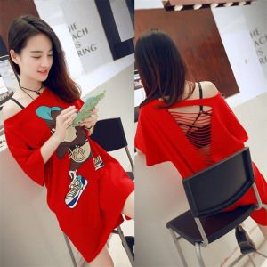 SSeE U Women Korean Style Women Off Shoulder Cartoon Printed Half Sleeve Long T-shirt Dress