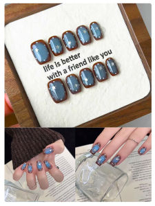 Handmade Nail Tips Amber Blue Cats Eye Wearable Nail Art White Enhancing High End Feelings Suitable for Autumn And Winter