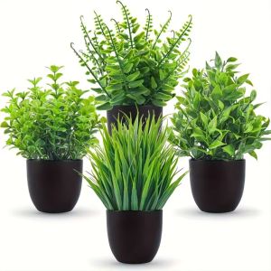 4Pcs Artificial Mini Plastic Desktop Green Potted Plant Persian Grass Bean Grass Chili Leaf Everlasting Grass Indoor Decoration Ornament