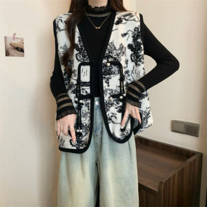 New Chinese Style Knitted Set Womens Spring Autumn plus Size Fashionable Base Layer Shirt And Vest Two Piece Set