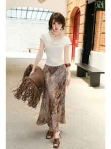 Retro Printed Irregular Hem Fish Tail Long Skirt