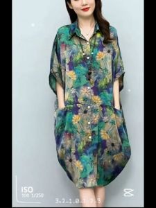 Women Collared Button Down Shirt Dress Plus Size Curve Casual Geometric Colorblock Dress L6021