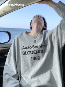 HetingHOME | เสื้อยืดคู่รักแขนยาวหลวมๆ ไม่ระบุเพศ Hetinghome ฤดูใบไม้ร่วง แฟชั่น เสื้อยืดคู่รัก คอกลม ผ้าฝ้าย 100% สำหรับทุกฤดูกาล