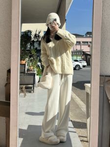 Xiaoyujia Yuu Fall and Winter Creamy-white Chenille Corduroy Wide-Leg Pants Female High Waist Drooping Straight Mopping Pants