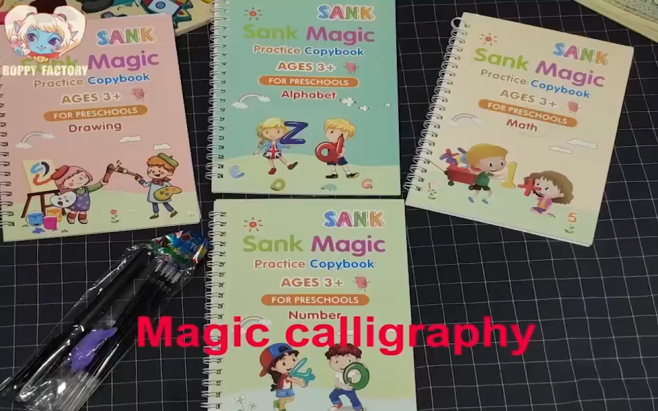 4 Books + 5Pens Magic Practice Copybook Wiping Childrens Magic Magic Writing Sticker English Version
