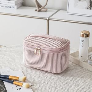 Womens Plush Make Up Bags Plaid Zipper Cosmetic Bag Case Portable Cosmetic Organizer Storage Pouch