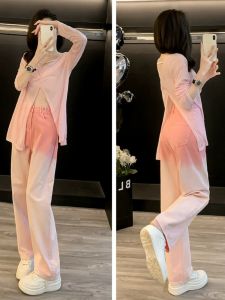 Early Spring Fashion Casual Set Womens Pink Slit Top High Waist Gradient Jeans Two Piece Set Cotton Long Sleeve V Neck
