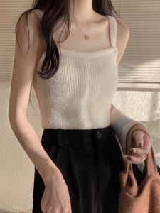 French Chic Small Strap Vest Womens Autumn Winter Suit Inner Mink Velvet Warm Fleece Lined Base Layer Fur Top