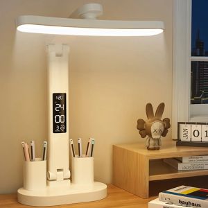 LED Clock Table Lamp USB Chargeable Dimmable Desk Lamps Foldable Eye Protection Desktop Reading Night Lights Study Lighting