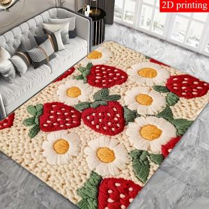 Cute 2D Strawberry Daisy Area Rug for Bedroom Living Room Kitchen Non Slip Washable Floor Mat Home Decorative Carpet Soft Carpet