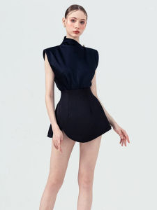 French Elegance Slim Fit Collarless Sleeveless Top and Waist-High Slim Shorts Set