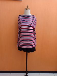 atasan sabrina wanita merah putih hitam salur L cewek lengan panjang blouse santai