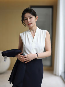 Summer OL White Suit Inner Shirt Womens Professional Atmosphere Sleeveless V-neck Satin Shirt Commute Small Shirt Top