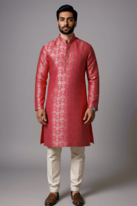 Elegant Embroidered Velvet Kurta with Full Sleeves and Mandarin Collar for Men