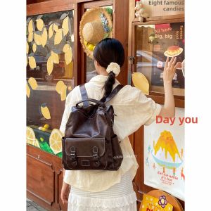 Retro Japanese Soft Leather Large Capacity Briefcase Style College Wind Single Shoulder Bookbag Buckle Backpack for Youth