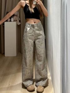 กางเกงยีนส์ทรงหลวมเอวสูงสไตล์ย้อนยุคสำหรับผู้หญิงไซส์ใหญ่ กางเกงขายาวทรงตรงทรงหลวมสำหรับฤดูใบไม้ผลิและฤดูใบไม้ร่วง