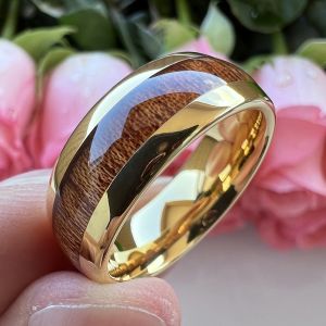 Wholesale Domed Koa Wood Inlay Rings Fashion 8MM Gold Color Men Stainless Steel Rings for Wedding Engagement Jewelry Gift