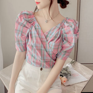 Áo Sơ Mi Voan Tay Ngắn Cổ Chữ V Kiểu Pháp Mùa Hè Thiết Kế Độc Đáo Tay Bồng Đặc Biệt Thanh Lịch Thường Ngày Chất Liệu Polyester