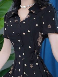 Elegant Short Sleeve Floral Print Dress Womens Summer New Style Waist-Cinching Slimming Midi Anti-aging Skirt Casual Style