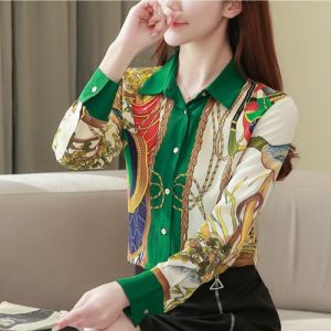 เสื้อยืดแขนยาวพิมพ์ลายโซ่แฟชั่นฤดูใบไม้ผลิและฤดูใบไม้ร่วงสำหรับผู้หญิง เสื้อเชิ้ตคอโปโลทรงตรงแบบลำลอง