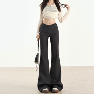 กางเกงขายาวทรงขาบานสีดำทรงสลิมฟิตสไตล์อเมริกันสตรีทวินเทจสำหรับผู้หญิงในฤดูใบไม้ผลิและฤดูร้อน กางเกงขายาวทรงหางม้าแบบสวมสบาย