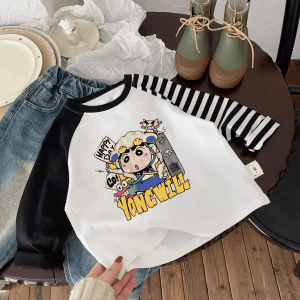 Long Sleeve Pure Cotton T-Shirt for Kids Boys Spring New Style Shoulder Insert Striped Sleeve Trendy Baby Base Shirt