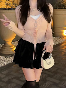 Lace Splice Fake Two-Piece Knitted Long Sleeve Womens Top Pure Desire Belted Slim Short Style Commute Korean Style V-Neck Button Sleeve