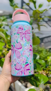 Bình Giữ Nhiệt Hoa Vintage Dung Tích Lớn 1000ML Inox 304 Có Quai Xách Tiện Lợi_Xanh nơ