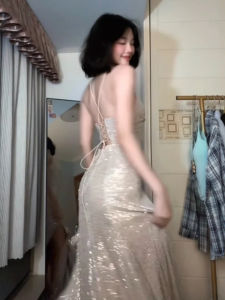 Elegant Sequin Evening Dress Fashionable Personality V-neck Strap Long Skirt High-quality Mid-summer Party Gown Ladylike Style