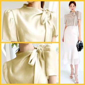 ERIKACasual Party Plain Color Classic and Elegant Modern Filipiana Puff Sleeves Ribbon Neckline Top - XS to Large