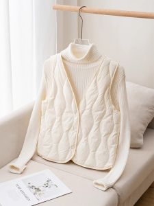 Womens Fleece Vest V-Neck Inner Wear Short Style Button Splice Design Thermal Slim Fit Cotton down Vest for Autumn Winter
