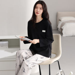 Bộ đồ ngủ nữ MiiOW vải cotton tay dài quần dài cổ chữ V màu trơn - Mùa xuân thu