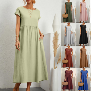 Loose Pocket Dress Pure Color Short Sleeve Long Dress Womens Fashion European Style Autumn Season Solid Color Dress