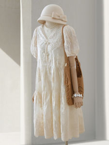 Elegant French Lady Style Embroidered Dress Womens Summer Midi Dress V-neck Bubble Sleeve Ivory Heavy-duty Beading 4U4U