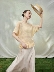 SUSHE | Ruffled Lace-up Ribbed Loose Knit Sweater