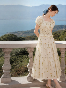 INMAN | Floral Lace Waist Cinched Bubble Sleeve One-shoulder Maxi Dress