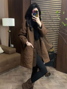 YUFUQING | Café Color Diamond Pattern Cotton Jacket Womens Small Size Autumn Winter Loose Long Coat Polyester Fiber Open Cardigan Style