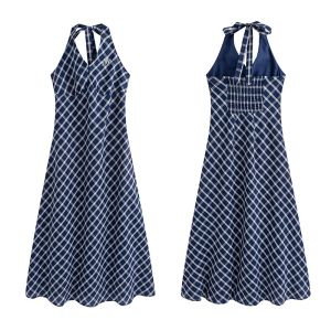 JULULOOK | Đầm Halter Carô Giảm Cân Phong Cách Retro Kích Cỡ Lớn