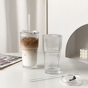 600ML Stripe Glass Coffee Cup With Lid and Straw Transparent Drinking Glasses for Juice Milk Tea Cups Iced Coffee Mugs Drinkware