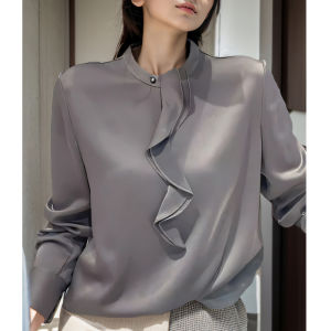 French Style Grey round Neck Tie Dressed Shirt Womens Fashionable Elegant Long Sleeve Autumn Top Simple Minimalist Clearance Sale