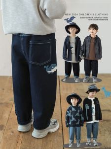 Loose Straight Leg Dinosaur Embroidered Jeans for Boys Autumn Fashionable Versatile Cotton Blend Fabric mid Waist Elastic Belt